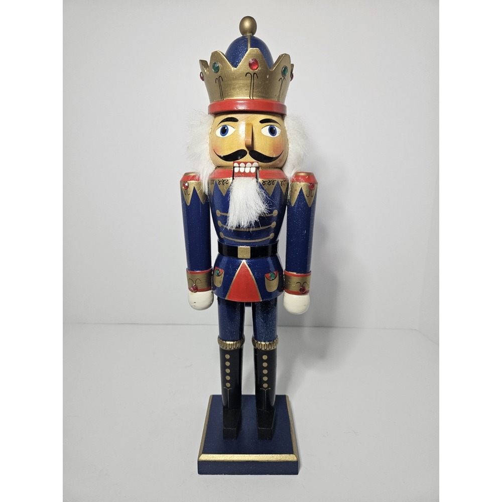 Wood Nutcracker King Blue Gold Glitter Crown Christmas Decor Vintage 15"